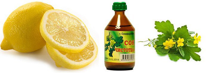 Лимон, сок чистотела